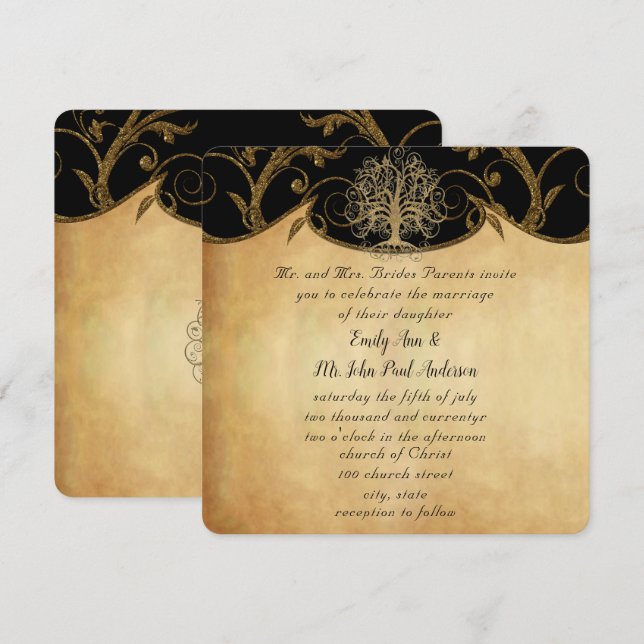 Guld Swirl Träd Guld & Black Metallic Bröllop Inbjudningar (Fram/baksida)