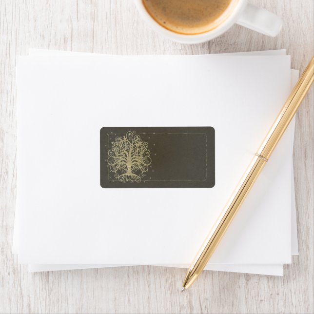 Guld Swirl Träd på svart med stjärnadressetikett Adressetikett (Insitu)