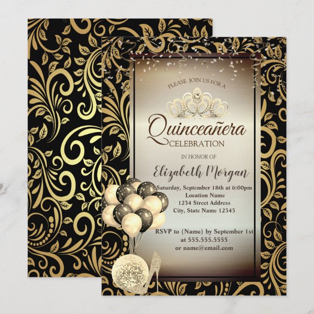 Guld Swirls,Ballonger,Högklackar,Tiara Quinceañera Inbjudningar (Fram/baksida)