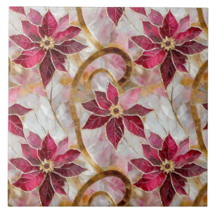 Guld Swirls Burgundy Rosa jul Poinsettias Kakelplatta