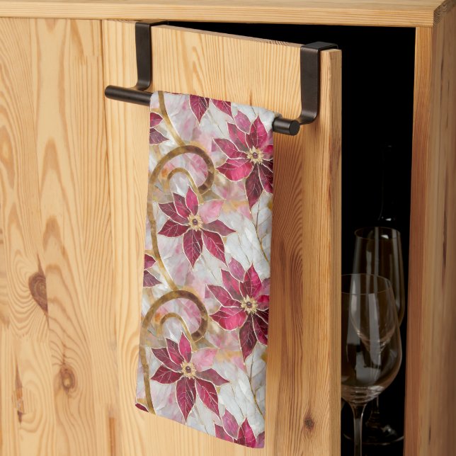 Guld Swirls Burgundy Rosa jul Poinsettias Kökshandduk (Thirds Fold)