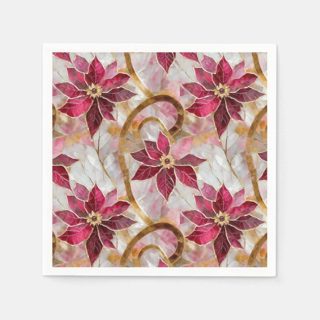 Guld Swirls Burgundy Rosa jul Poinsettias Pappersservett (Framsidan)