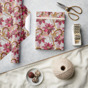 Guld Swirls Burgundy Rosa jul Poinsettias Presentpapper