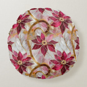 Guld Swirls Burgundy Rosa jul Poinsettias Rund Kudde