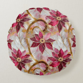 Guld Swirls Burgundy Rosa jul Poinsettias Rund Kudde