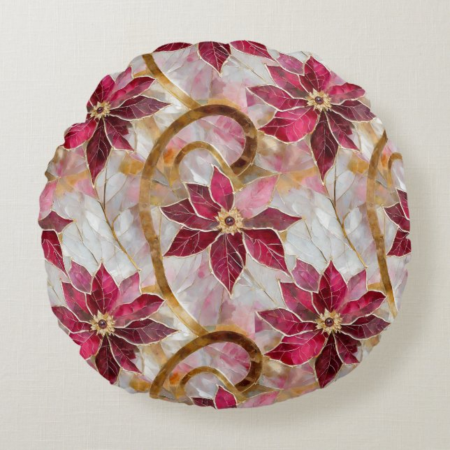 Guld Swirls Burgundy Rosa jul Poinsettias Rund Kudde (Framsidan)