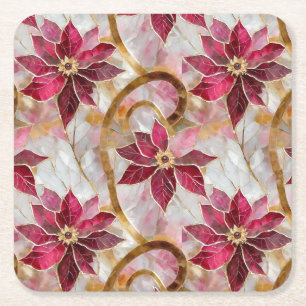 Guld Swirls Burgundy Rosa jul Poinsettias Underlägg Papper Kvadrat