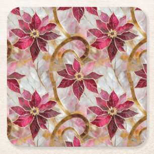 Guld Swirls Burgundy Rosa jul Poinsettias Underlägg Papper Kvadrat