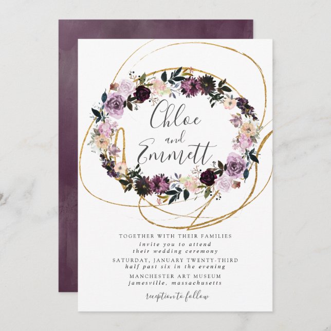 Guld Swirls Lila Rosa Blommigt Bröllop Inbjudningar (Fram/baksida)
