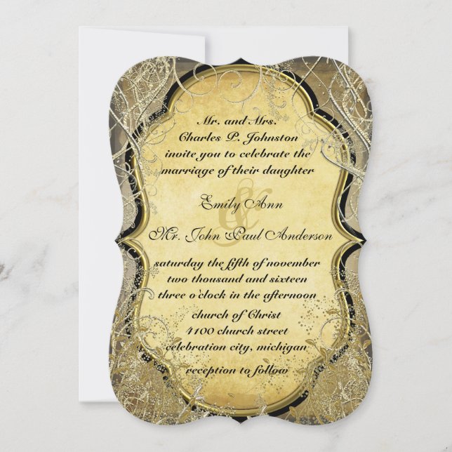 Guld Swirls & Löv on Burnt Guld Metallic Papper Inbjudningar (Framsida)