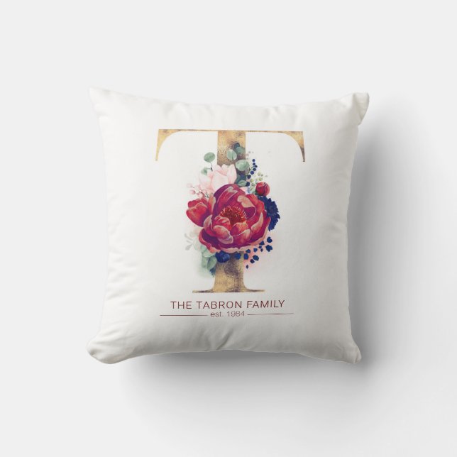 Guld T Monogram Blommigt Burgundy Red och Navy Blu Kudde (Framsida)