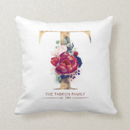 Guld T Monogram Blommigt Burgundy Red och Navy Blu Kudde