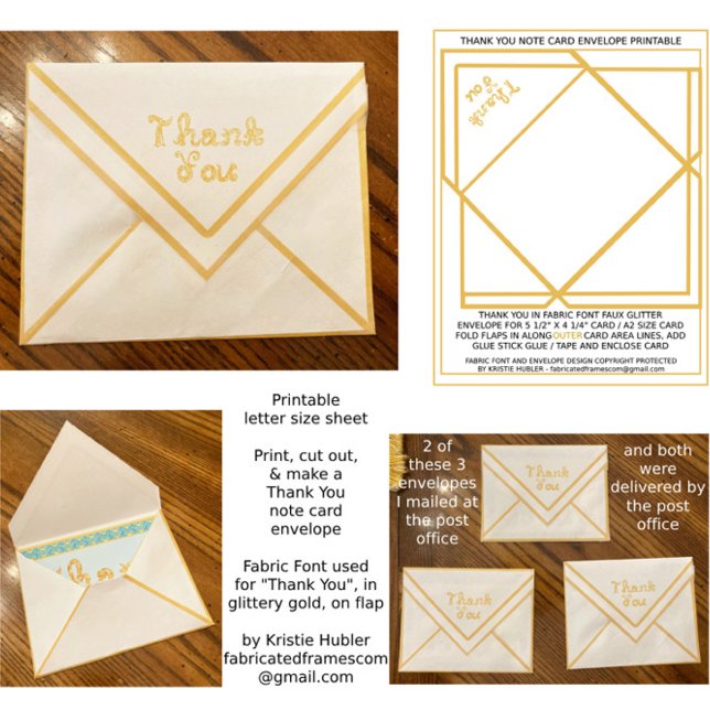 Guld - tack för ditt kortkuvert Pappra Lakan (Thank You Card Printable Paper Sheet for A2 note card / postcard, with glittery gold Fabric Font)