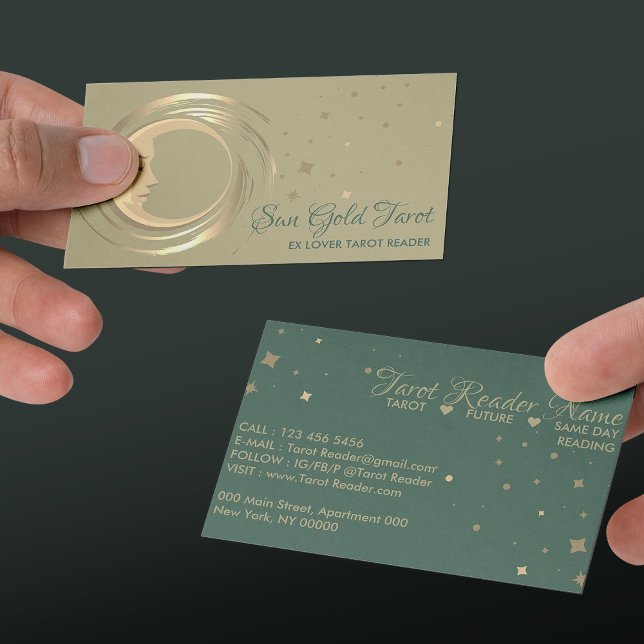Guld Tarotläsare Stjärnor Måne Sol Celestial Visitkort (Gold Tarot Reader Stars Moon Sun Celestial Business Card)