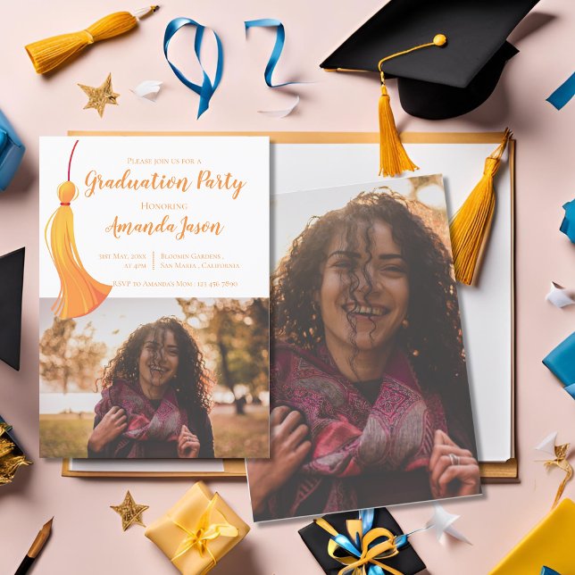 Guld Tassel 2025 Grad Two Photo Studentfest Inbjudningar (Gold Tassel 2025 Grad Two Photo Graduation Party Invitation)