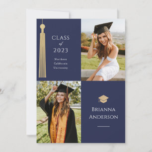 Guld Tassel & Cap 2 Photo Blue Studenten Inbjudningar