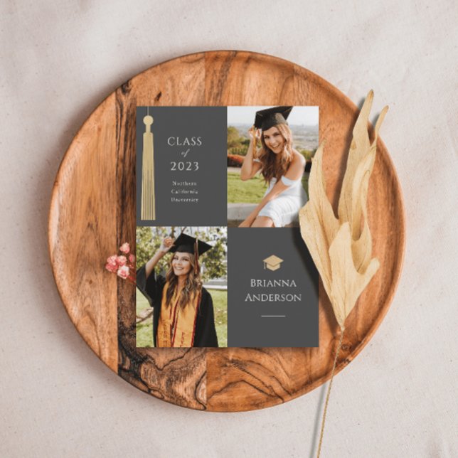 Guld Tassel & Cap 2 Photo Grått Studenten Meddelande Vykort (Skapare uppladdad)