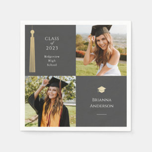 Guld Tassel & Cap Mörk Grått 2 Photo Studenten Pappersservett
