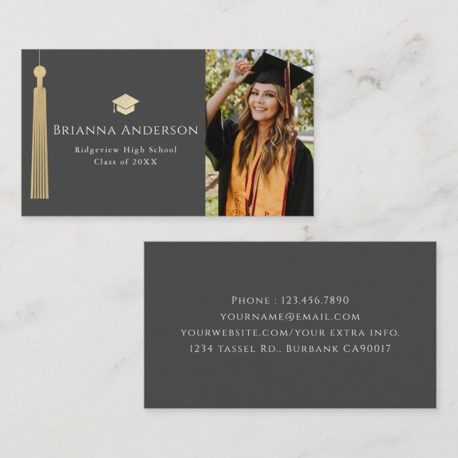 Guld Tassel & Cap Mörk Grått Photo Studenten Visitkort (Fram/baksida)