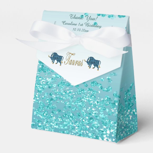 Guld Taurus & Teal Blue Glitter Birthday Presentaskar (Framsidan Sidan)