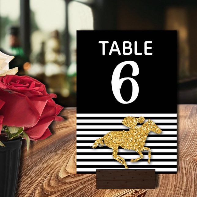 Guld Tävling Horse Derby Möhippa Bordsnummer (Gold racehorse Derby-style bridal shower table number cards double-sided)