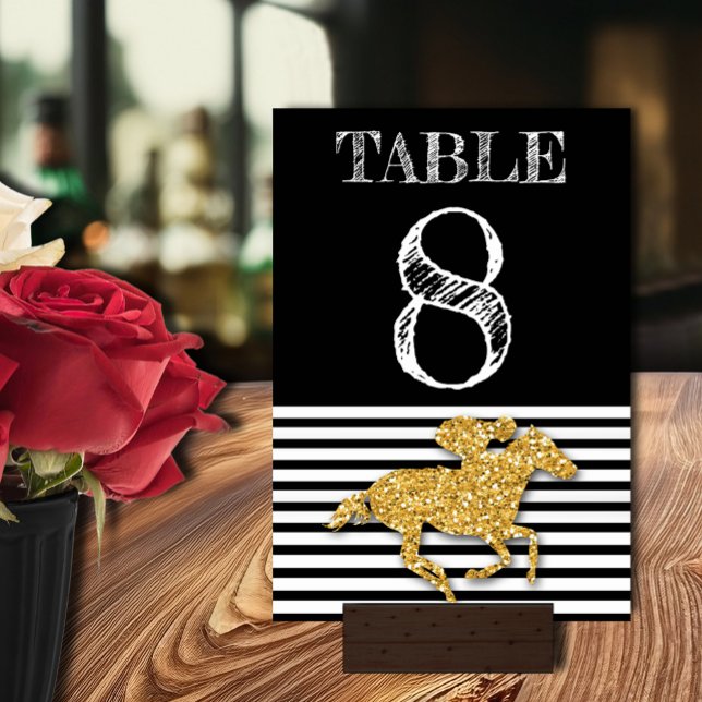 Guld Tävling Horse on Black & White Rand Birthday Bordsnummer (Gold racehorse and jockey Derby party table number cards double-sided)