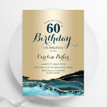 Guld Teal Agate 60:e födelsedagen<br><div class="desc">Teal och guld agate 60 födelsedagsfest inbjudan. Elegantens moderna design med vattenfärgad bakgrund,  faux glitter guld och typsnitt för färgskript. Trendig inbjudan-kortets perfekt för en snyggt kvinnor i firande. Skrivna Zazzle-inbjudningar eller digital utskrivbar mall för omedelbar nedladdning.</div>