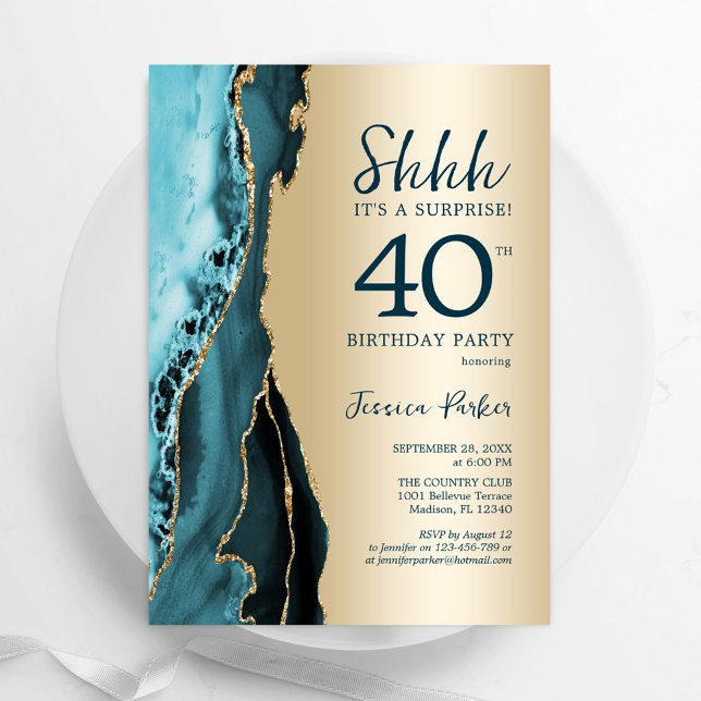 Guld Teal Agate Surprise 40:e födelsedagen Inbjudningar (Skapare uppladdad)