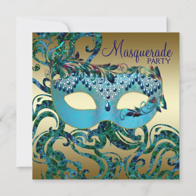 Guld Teal Blå Maskeradfest Inbjudningar (Framsida)