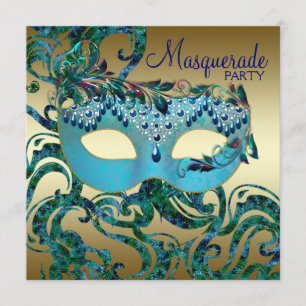 Guld Teal Blå Maskeradfest Inbjudningar