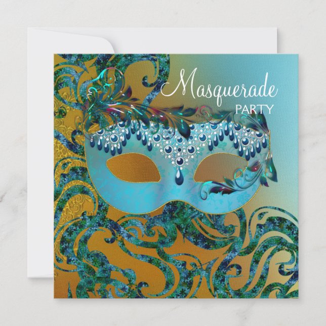 Guld Teal Blå Maskeradfest Inbjudningar (Framsida)
