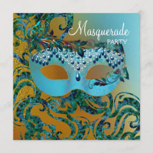 Guld Teal Blå Maskeradfest Inbjudningar