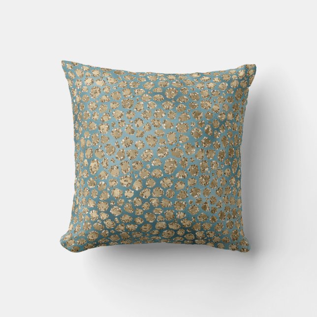 Guld Teal Blue Grönt Glitzy Leopard Skriv ut       Kudde (Framsida)