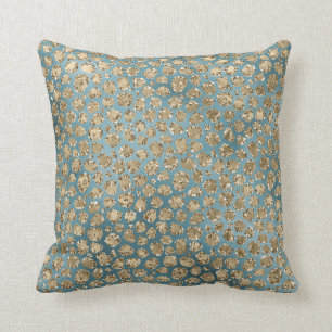 Guld Teal Blue Grönt Glitzy Leopard Skriv ut Kudde