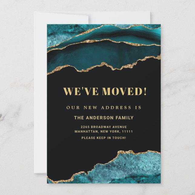 Guld & Teal Blue Marble Ny adress Flytta Meddelande (Framsida)