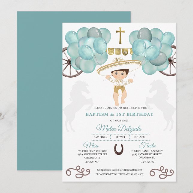 Guld & Teal Blue Mexican Pojke Charro Baptism Inbjudningar (Fram/baksida)