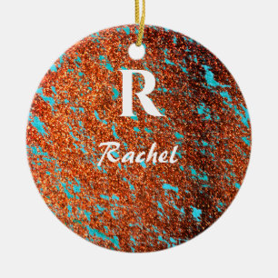 Guld Teal Blue Monogram Initial Namn Cute Julgransprydnad Keramik