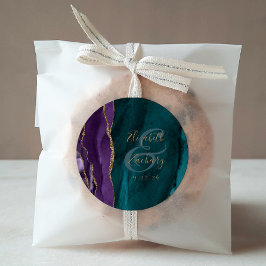 Guld Teal Bröllop med vattenfärgskript Lila Runt Klistermärke
