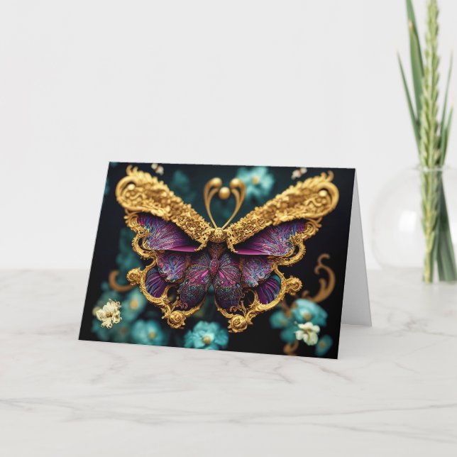 Guld & Teal Butterfly Birthday-hälsningskort Tack Kort (Framsida)