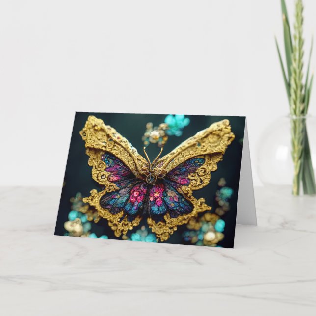 Guld & Teal Butterfly Birthday-hälsningskort Tack Kort (Framsida)