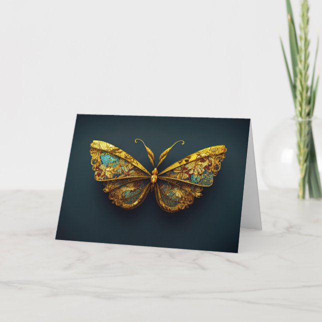 Guld & Teal Butterfly Birthday-hälsningskort Tack Kort (Framsida)