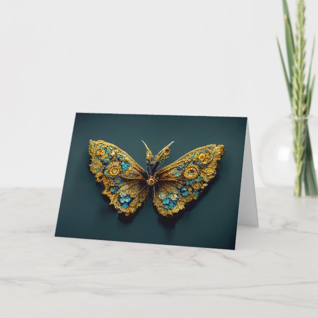 Guld & Teal Butterfly Birthday-hälsningskort Tack Kort (Framsida)