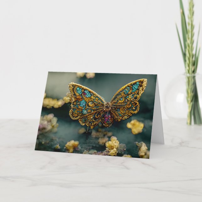Guld & Teal Butterfly Birthday-hälsningskort Tack Kort (Framsida)