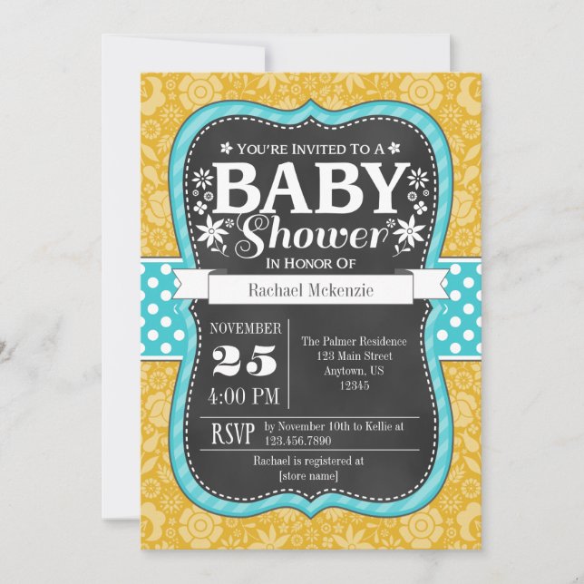 Guld Teal Chalkboard Blommigt Baby Shower Inbjudan (Framsida)