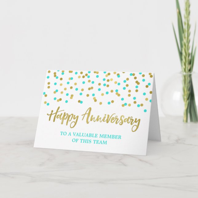 Guld Teal Confetti Employee-årsjubileum Card Kort (Framsida)