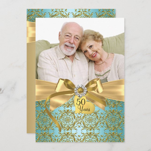 Guld Teal Damask & Bow Photo 50-årsdagen Inbjudningar (Fram/baksida)