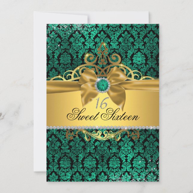 Guld Teal Damask Sweet sixteen Inbjudan (Framsida)