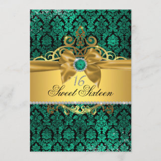 Guld Teal Damask Sweet sixteen Inbjudan