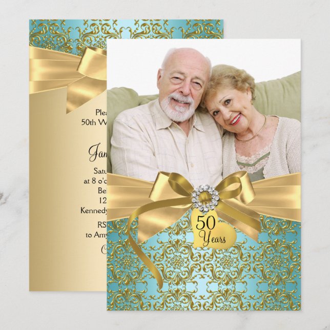 Guld Teal Damast & Bow Foto 50-årsjubileum Inbjudningar (Fram/baksida)