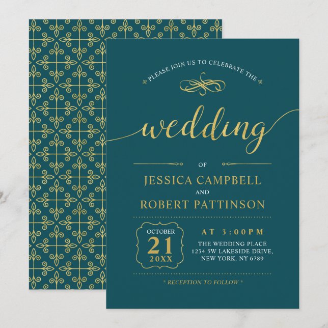 Guld & Teal | Elegant Classic Bröllop Ceremony Inbjudningar (Fram/baksida)